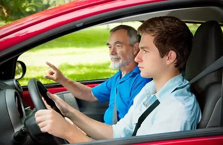 A man and his father are driving in the car.